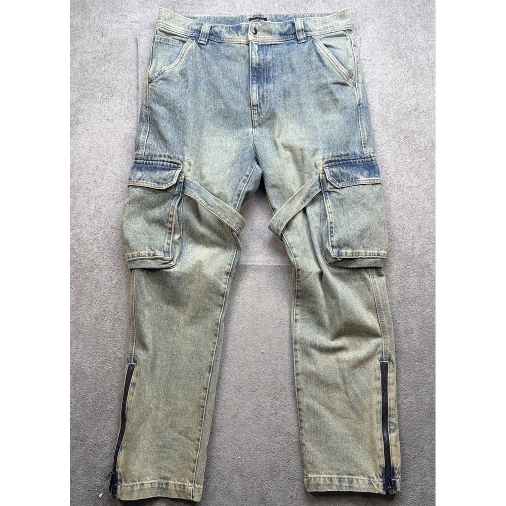 Standard Cloth Cargo Jeans Light Wash Zip Hem Strap Y2K Men's 36‎